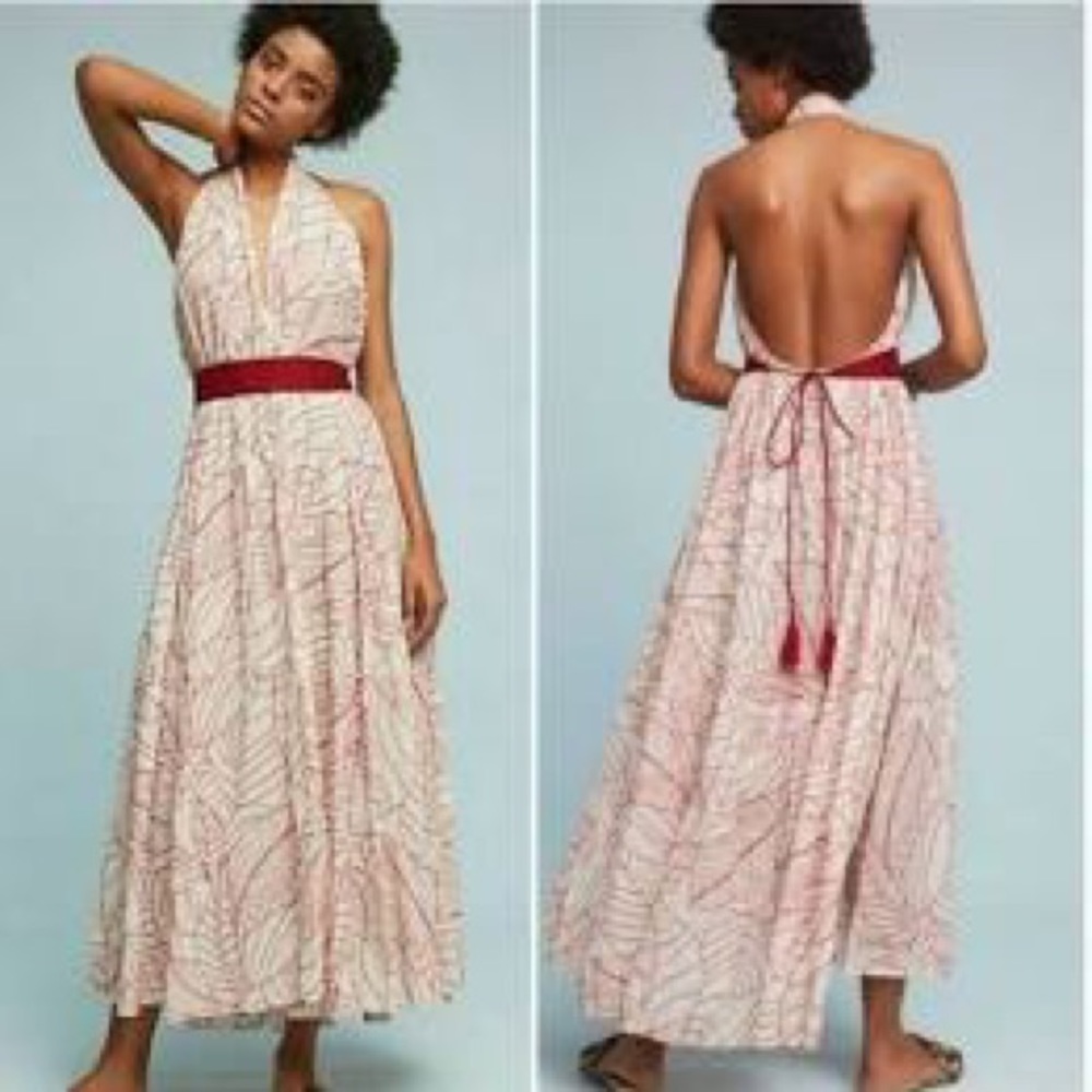 Anthropologie Creme Red Embroidery Maxi Wrap Dress